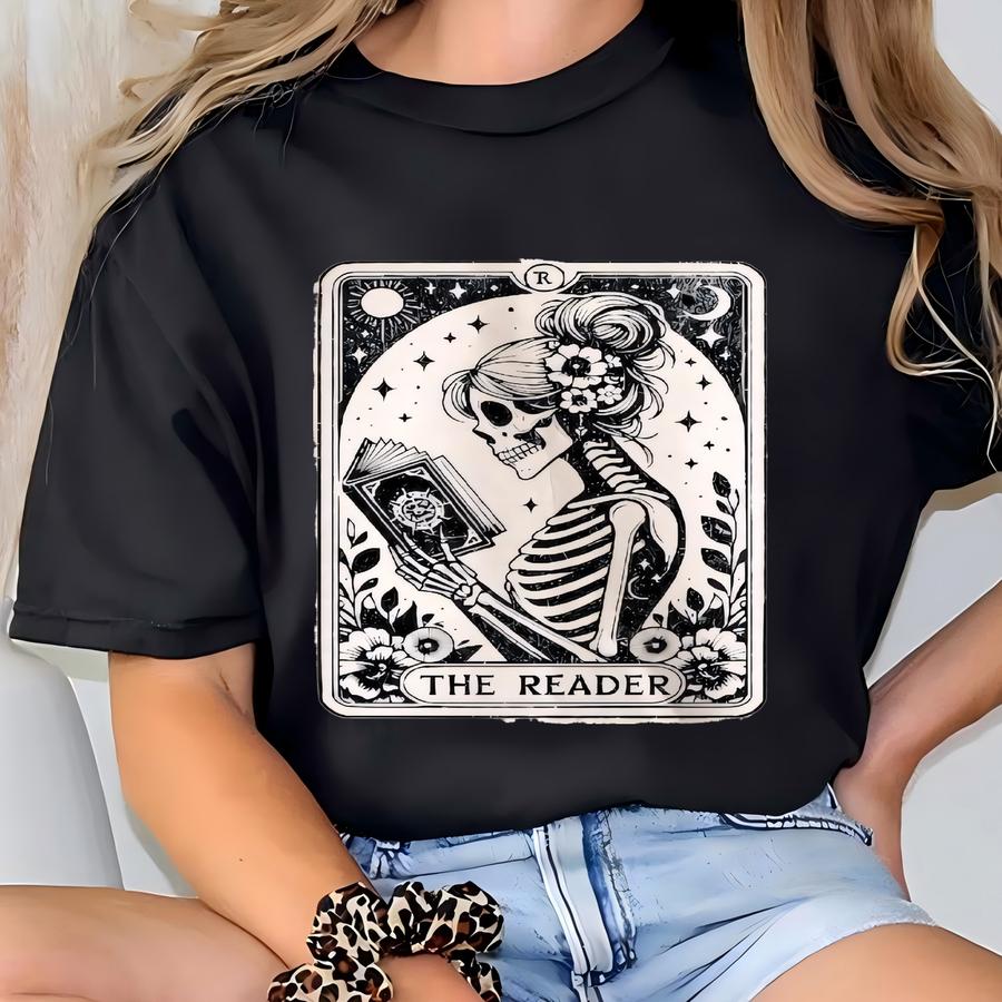 The Reader Tarot Card Sweatshirt: Skeleton Book Lover Pullover, Witchy Occult Reading T-shirt