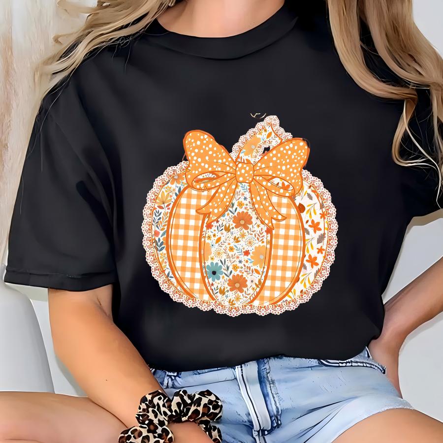 Trending Halloween Preppy Pumpkin ® Shirt - Patchwork Pumpkin Hoodie - Halloween Shirt - Halloween Lace Pumpkin Women's Shirt T-shirt