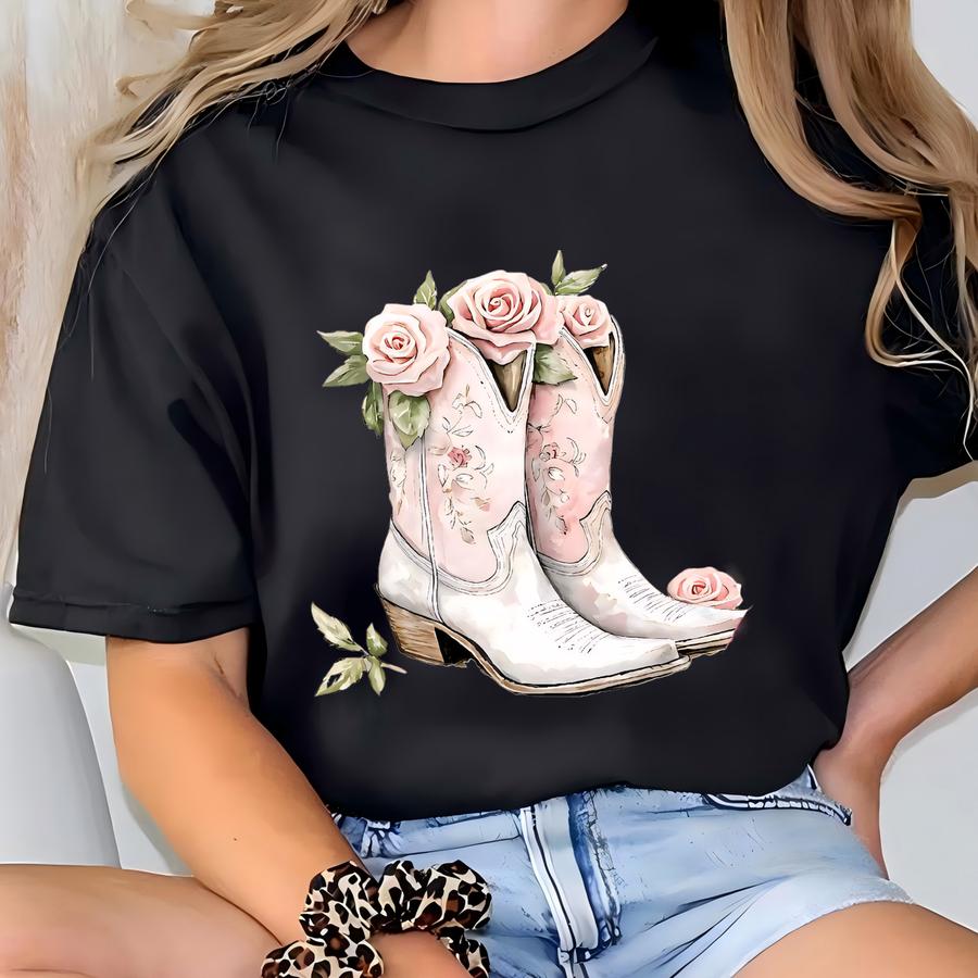 Cowgirl Boots Roses Hoodie, Country Girl Style Tee, Western Fashion Shirt, Southern Belle Outfit, Rodeo Queen Gift, Floral Boots Top T-shirt