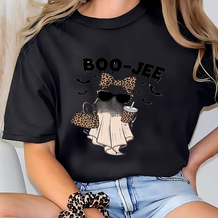 Boo-jee Ghost Sweatshirt, Ghost Coffee Shirt, Leopard Ghost Tee, Funny Fall Shirt,ghost Tee,girly Halloween Gift,boojee Shirt,leopard Boojee T-shirt
