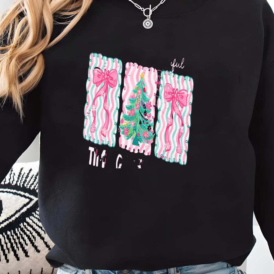 Preppy Christmas Tree Bow Sweatshirt, Merry Sweatshirt, Coquette Christmas Shirt, Pink Christmas Sweatshirt, Womens Holiday Tshirt, Xmas Tee Sweatshirt