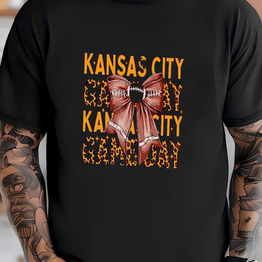 Kansas City Football Unisex Apparel, Mens Womens Tshirts/crewneck Sweatshirts/hoodies, Sports Fan, Game Day Outfit, Leopard Coquette Bow T-shirt