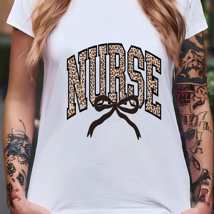® Leopard Nurse Bow Shirt, Nurse Coquette Bow Hoodie, Rn Shirt, Nursing School Shirt, Registered Nurse Shirt, Nurse Gift T-shirt
