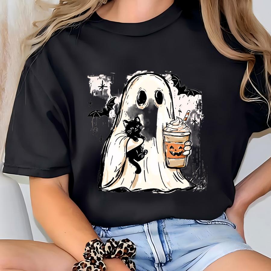 ® Ghost Cat Halloween Shirt, Pumpkin Spice Ghost Hoodie, Cute Spooky Season Shirt, Black Cat Shirt, Women's Fall Coffee Shirt T-shirt