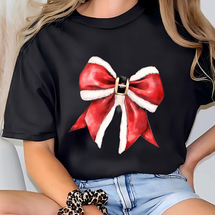 Coquette Christmas Santa Bow Shirt, Women Christmas Shirt, Holiday Party Tee, Santa Claus Christmas Shirt, Girly Xmas Party, Xmas Girl Gift T-shirt