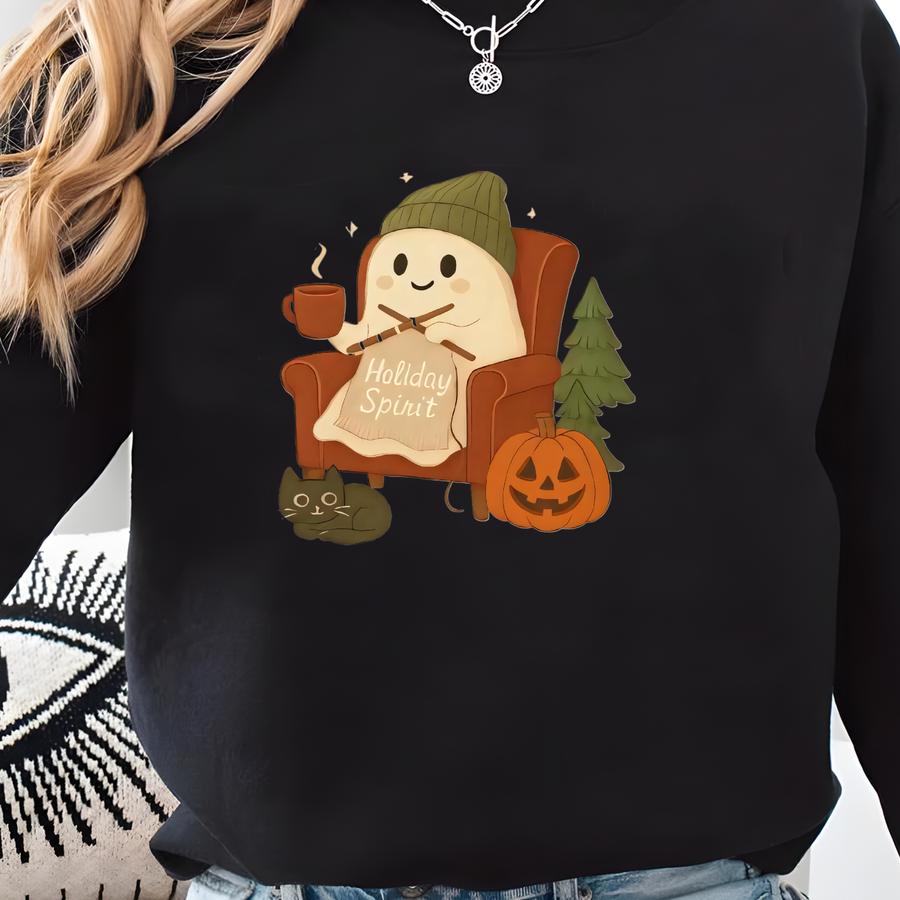 Holiday Spirit Knitting Ghost Sweatshirt Cozy Winter Pullover Cute Halloween Christmas Crewneck Festive Graphic Top Holiday Gift Sweatshirt
