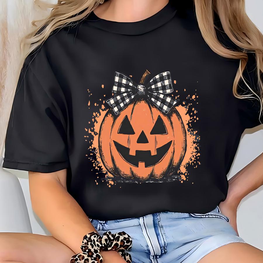 ® Coquette Halloween Hoodie, Women's Pumpkin Bow Tee, Retro Halloween Pumpkin Tshirt,preppy Jack O Lantern Shirt T-shirt