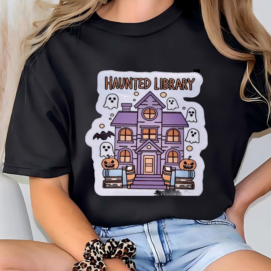 Haunted Library Sticker: Spooky Ghosts, Pumpkins - Glossy Or Holographic T-shirt