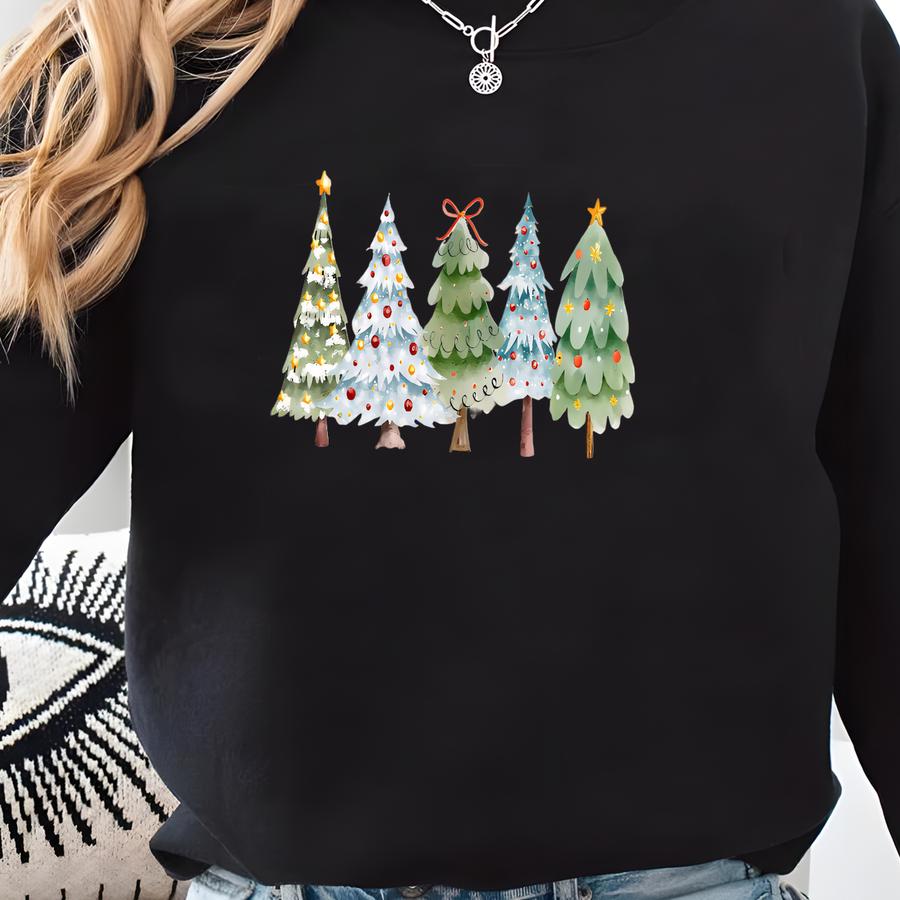 Merry Christmas Tree Shirt, Cute Watercolor Xmas Tree Shirt For Women, Holiday Family Outfit, Winter Tshirt Christmas Gift, Soft Festive Tee Sweatshirt