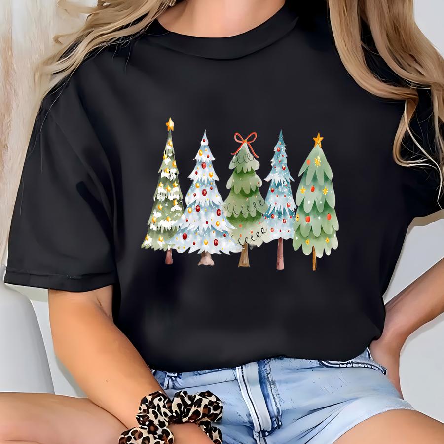 Merry Christmas Tree Shirt, Cute Watercolor Xmas Tree Shirt For Women, Holiday Family Outfit, Winter Tshirt Christmas Gift, Soft Festive Tee T-shirt