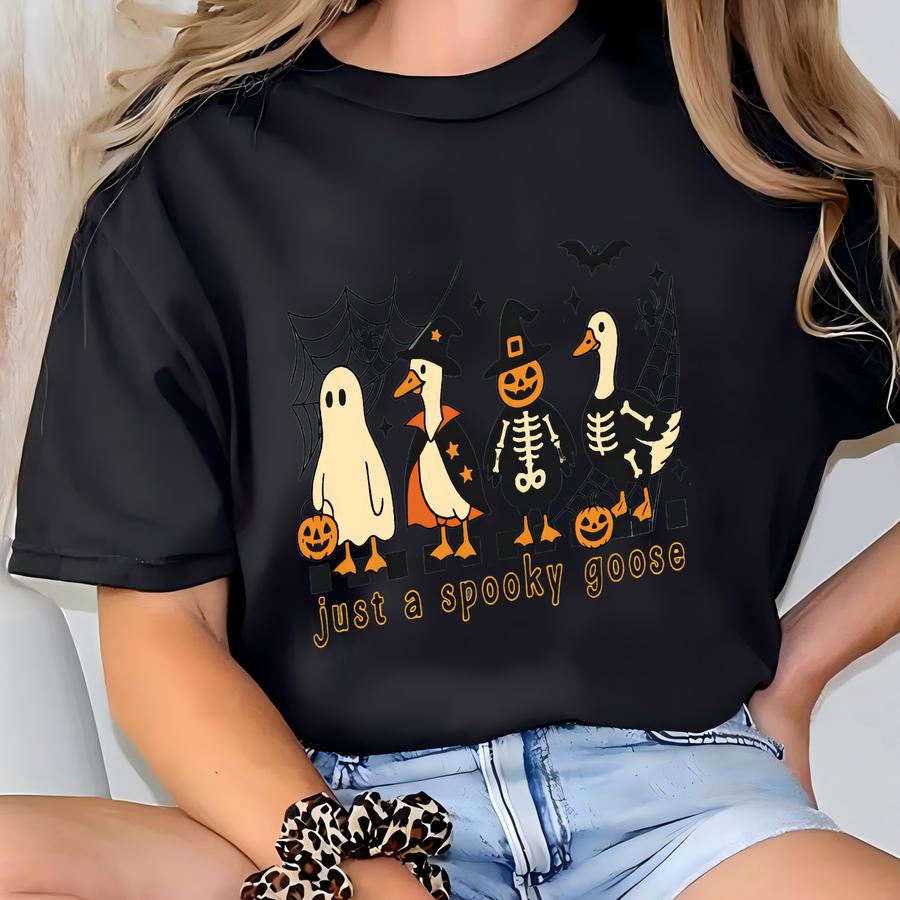Pumpkin Ghost Skeleton Goose Sweatshirt, Just A Spooky Goose Sweatshirt, Funny Silly Goose Halloween Sweatshirt, Halloween Goose Sweatshirt T-shirt
