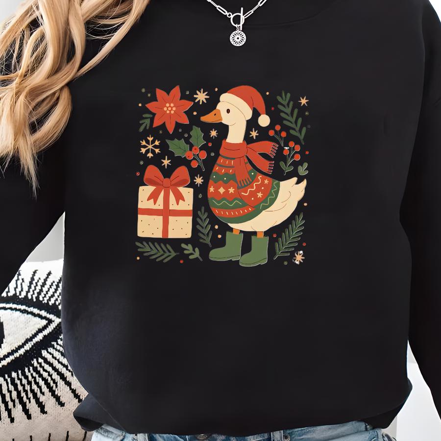 Festive Goose Christmas T-shirt: Quirky Santa Hat Design For Holiday Lovers, Cozy Gift For Men Women Sweatshirt