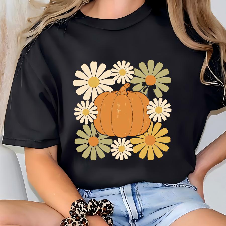 ® Retro Pumpkin Shirt | Fall Floral Pumpkin Tee | Aesthetic Thanksgiving Shirt | Cozy Autumn Shirt | Fall Shirt For Women T-shirt