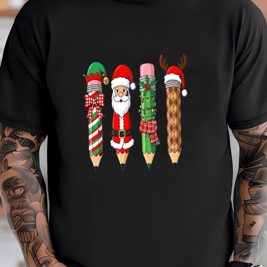 Christmas Teacher Pencil Sweatshirt, Funny Christmas Shirt, Holiday Reindeer Teacher Tee, Santa Pencil Xmas Tee, Christmas Gift For Teacher T-shirt