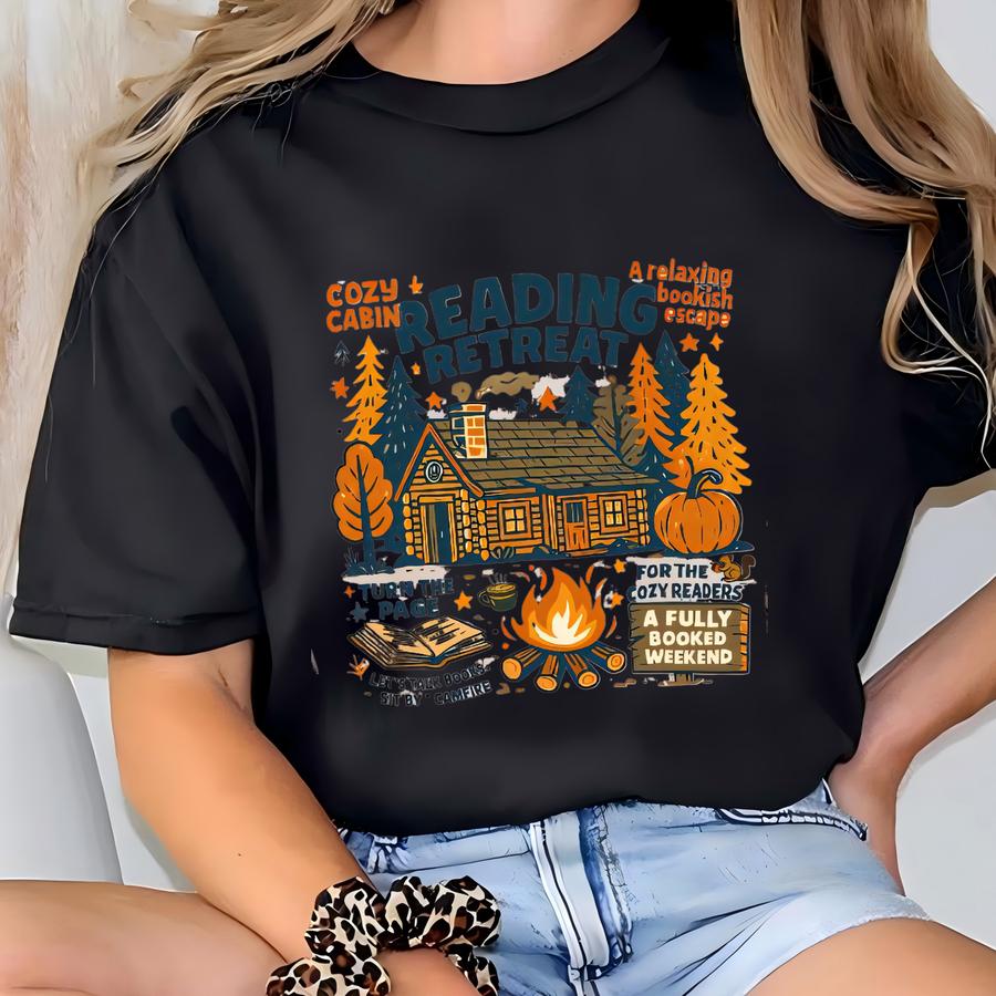 Cozy Cabin Reading Retreat Sweatshirt, Fall Bookish Sweatshirt, Autumn Cozy Readers Hoodie, Gift For Book Lover, Pumpkin Spice Book Sweater T-shirt