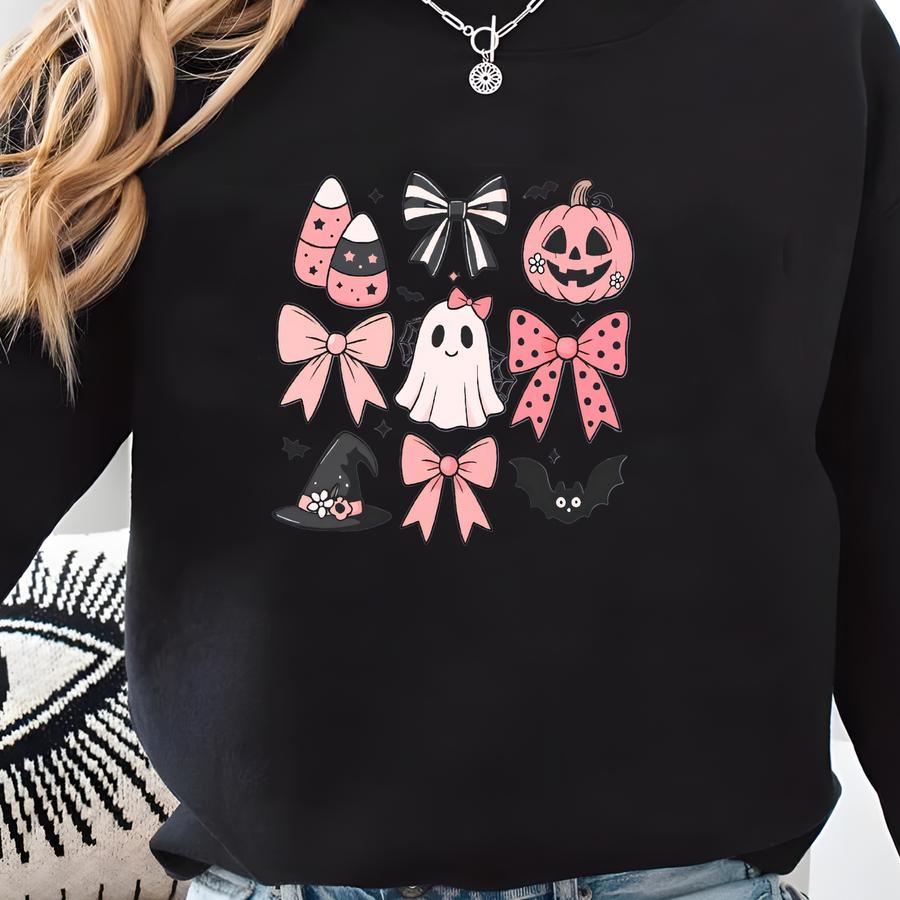 Halloween Bow Sweatshirt, Pumpkin Ghost Coquette Crewneck, Spooky Fall Youth Top Sweatshirt