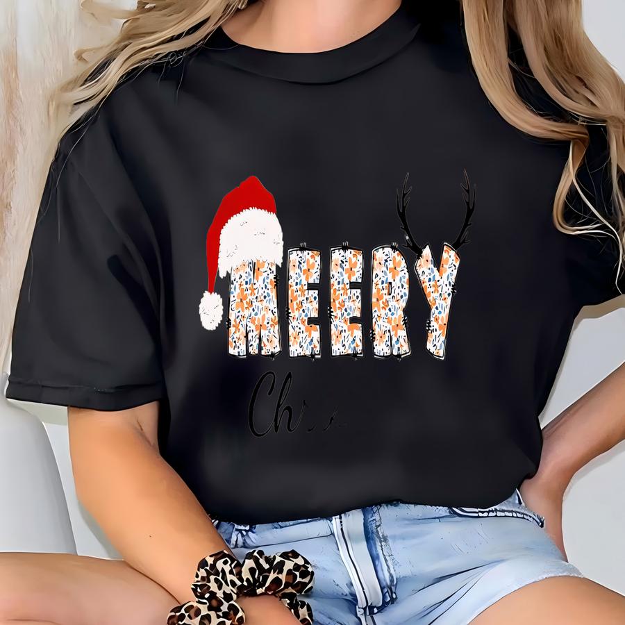 Festive Merry Floral Sweatshirt: Reindeer Santa Christmas Vibes T-shirt