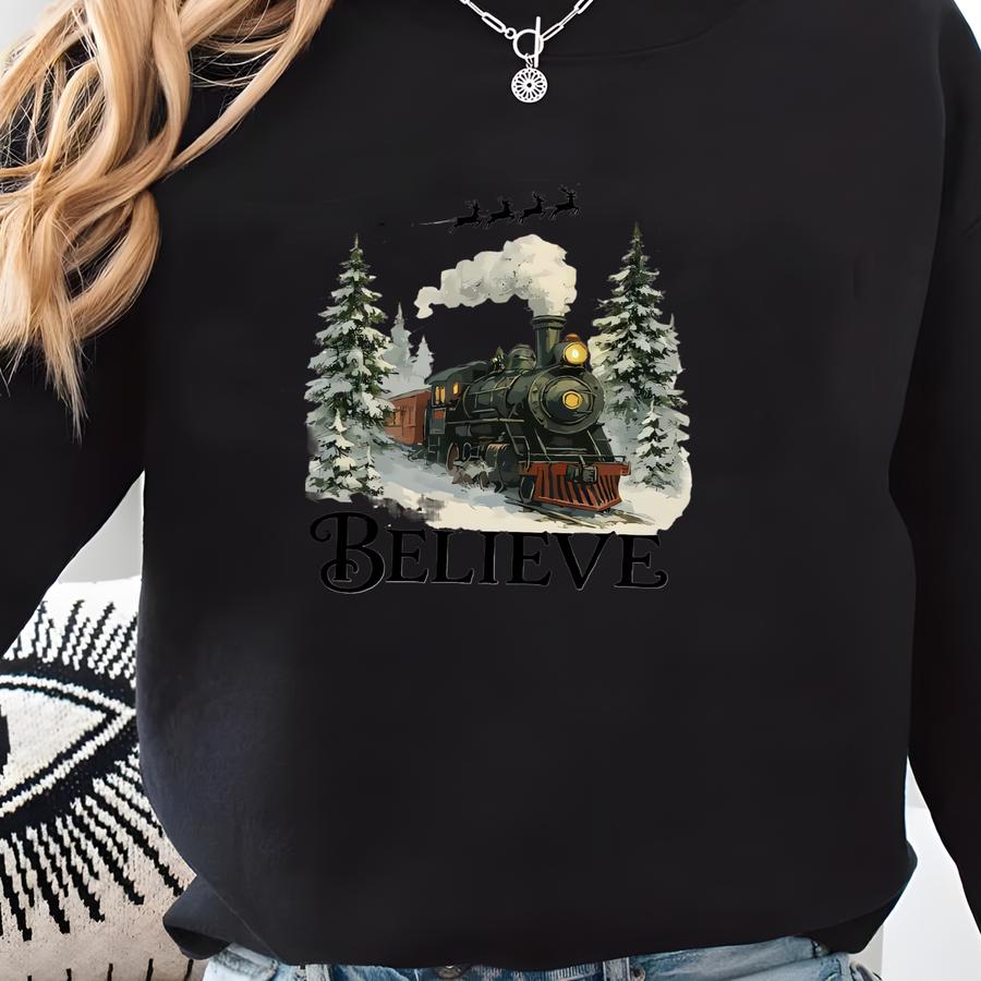 Believe Christmas Train Sweatshirt: Santa Sleigh Winter Steam Scene Sweatshirt