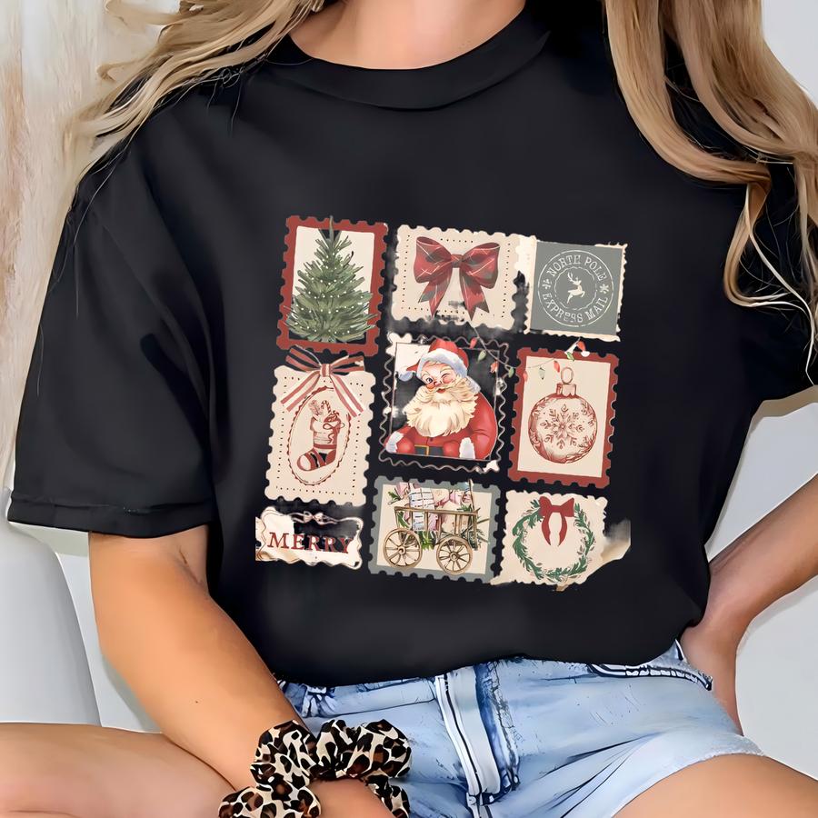 Vintage Christmas Stamps Holiday Shirt Womens Christmas Sweatshirt Old Fashioned Santa Tshirt Gift For Mom Christmas Sweater Xmas Tee T-shirt