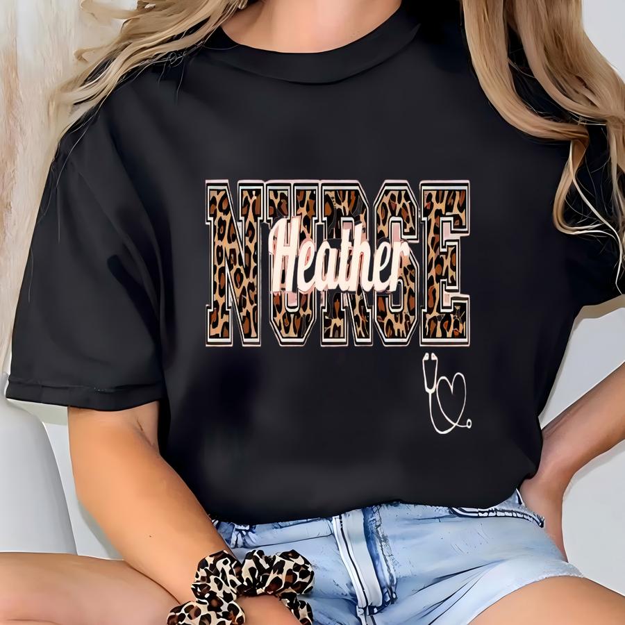 Leopard Nurse Shirt V‑neck | Custom Long Sve Tee | Leopard Print Nurse Gift T-shirt
