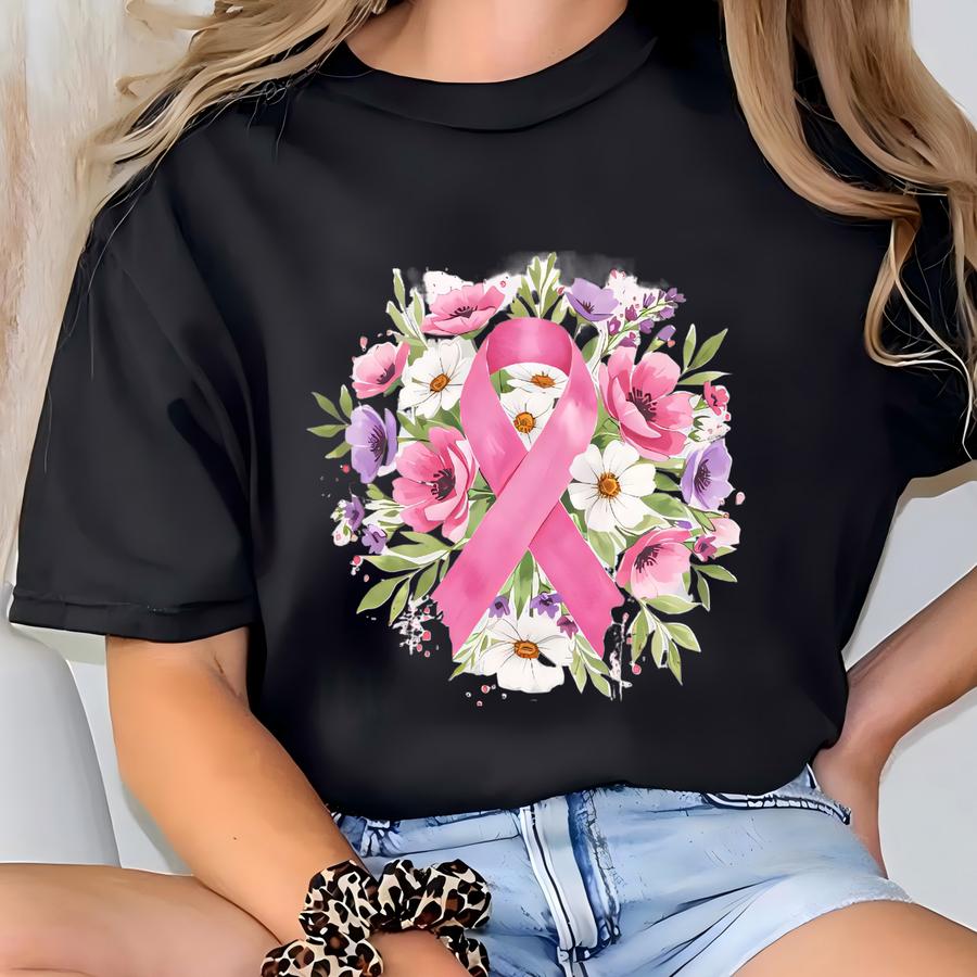 Floral Pink Ribbon Breast Cancer Awareness Tee, Breast Cancer Survivor Reusable Canvas Tote, Pink Ribbon Tote, Cancer Survivor Gift T-shirt