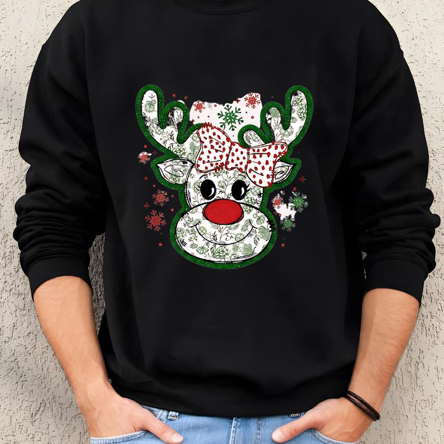 Christmas Reindeer Shirt, Coquette Reindeer Sweat, Cute Christmas Sweatshirt, Holiday Women's Tee, Christmas Kids Tee, Retro Xmas Shirt Sweatshirt
