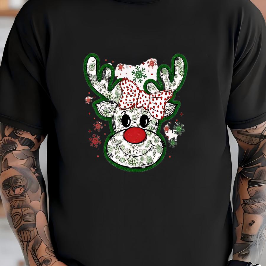 Christmas Reindeer Shirt, Coquette Reindeer Sweat, Cute Christmas Sweatshirt, Holiday Women's Tee, Christmas Kids Tee, Retro Xmas Shirt T-shirt