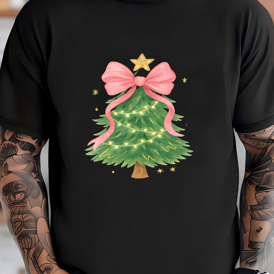 Coquette Christmas Tree Sweatshirt, Stylish Christmas Tree Shirt, Pink Christmas Bow Shirt, Merry Christmas Shirt, Girly Christmas Tree Tee T-shirt