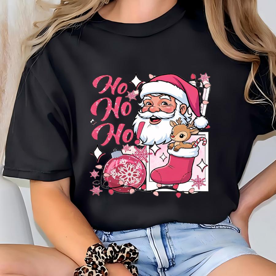 Pink Christmas Tshirt, Christmas Trees Shirt, Xmas Ho Ho Ho T Shirt, Holiday Tshirt, Womens Holiday Tees, Christmas Season Shirt, Santa Tees T-shirt