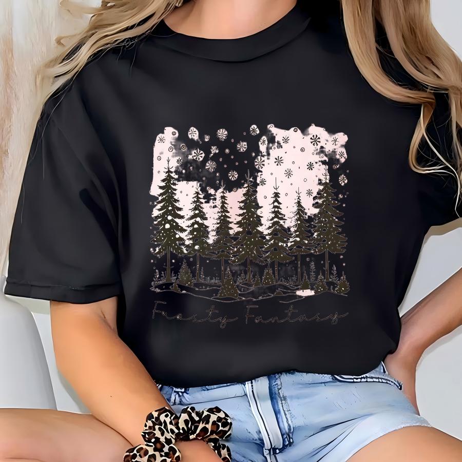 Frosty Fantasy Christmas Shirt, Winter Snow Pine Tree Tee, Holiday Forest Graphic Hoodie, Cozy Winter Wonderland Sweatshirt T-shirt
