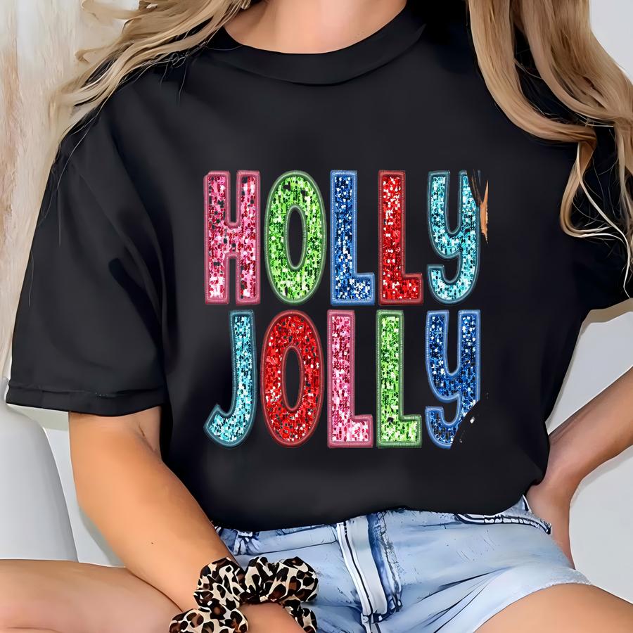 Festive Holiday Tee, Christmas Glitter Shirt, Holly Jolly Top, Women's Christmas Apparel, Holiday Season Outfit, Christmas Party Clothes T-shirt