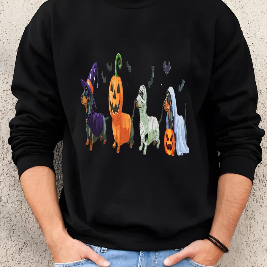 Dachshund Halloween Sweatshirt, Halloween Hot Dog Tee, Wiener Dog Tee, Funny Sausage Dog T-shirt, Striped Shirt Dog Lover Gift Sweatshirt