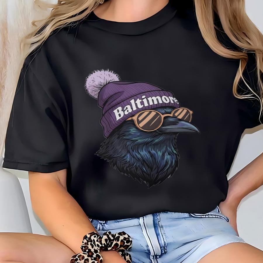 Baltimore Cool Bird Mascot Hoodie | Purple Beanie Crow Hoodie | Game Day Football Apparel T-shirt
