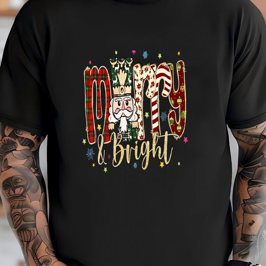 Merry And Bright Sweater, Christmas Nutcracker Shirt, Christmas Women's Sweat, Plaid Christmas Tee, Retro Xmas Shirt, Checkered Holiday Tee T-shirt