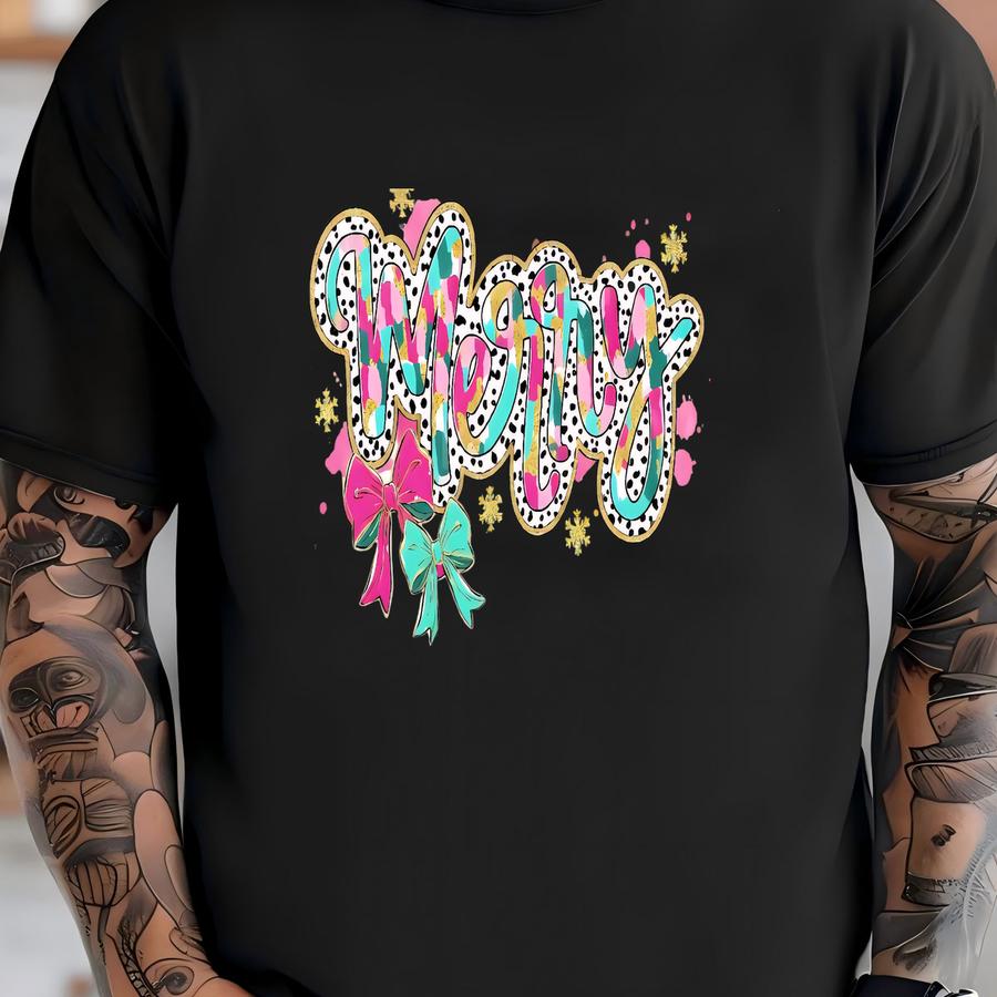 Merry Christmas Bow Sweatshirt, Coquette Christmas Bow Tee, Women's Holiday Shirt, Retro Holiday Tee, Cute Xmas Shirt, Pink Christmas Sweat T-shirt