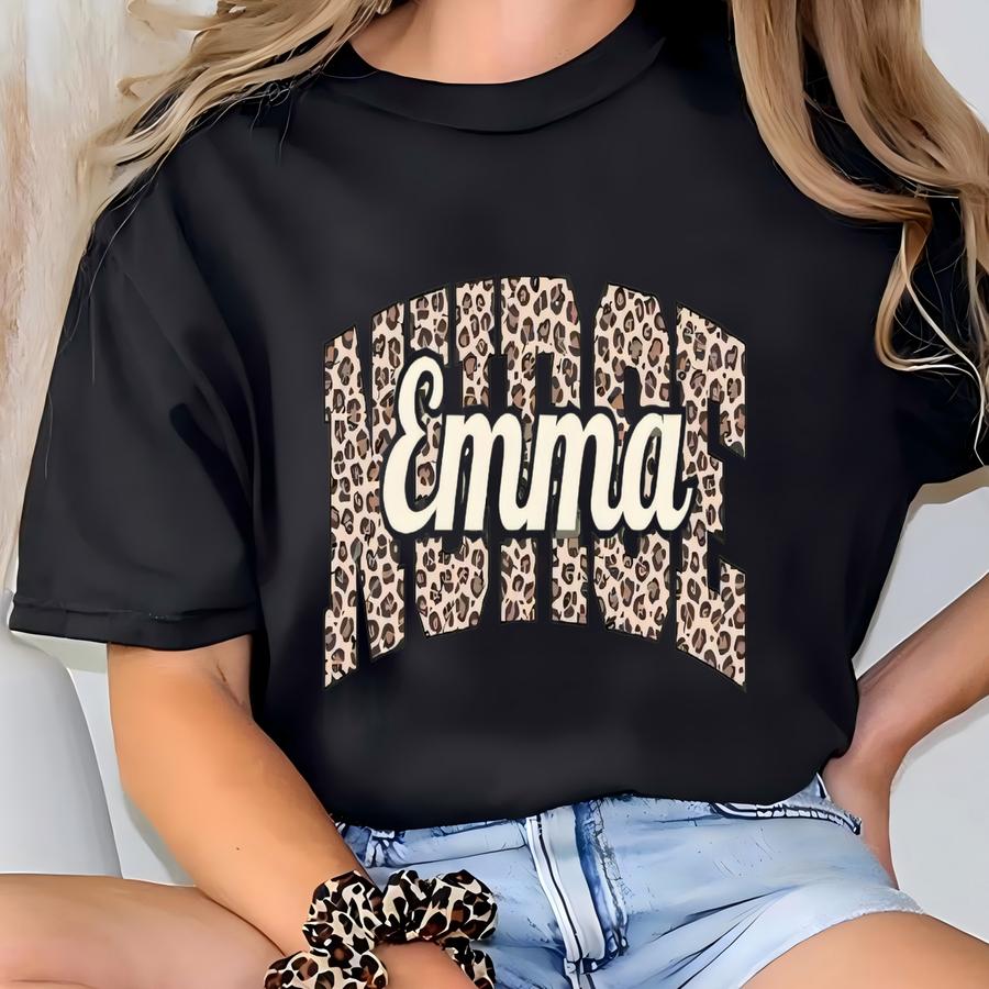 Personalized Registered Nurse Shirt | Custom Leopard Nurse Hoodie Crewneck Sweatshirt | Full Zip Gift For Nurse T-shirt