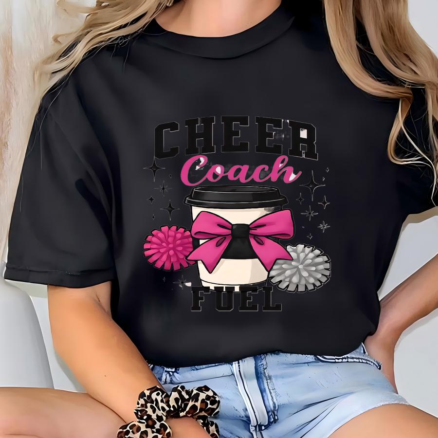 Cheer Shirt Cheerleading Coffee Cup Bow Stars Cheer Fuel Graphic Tee Cheer Team Spirit Gift Cheerleading  T-shirt