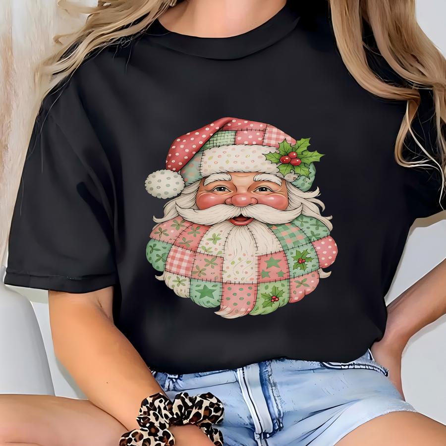 Christmas Sweatshirt, Patchwork Santa Claus Sweatshirt, Cute Retro Santa Crewneck, Holiday Cozy Outfit, Xmas Gift For Women, Santa Xmas Gift T-shirt