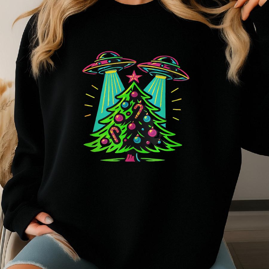 Ufo Christmas Sweatshirt | Alien Spaceship Holiday Crewneck With Christmas Tree Sweatshirt