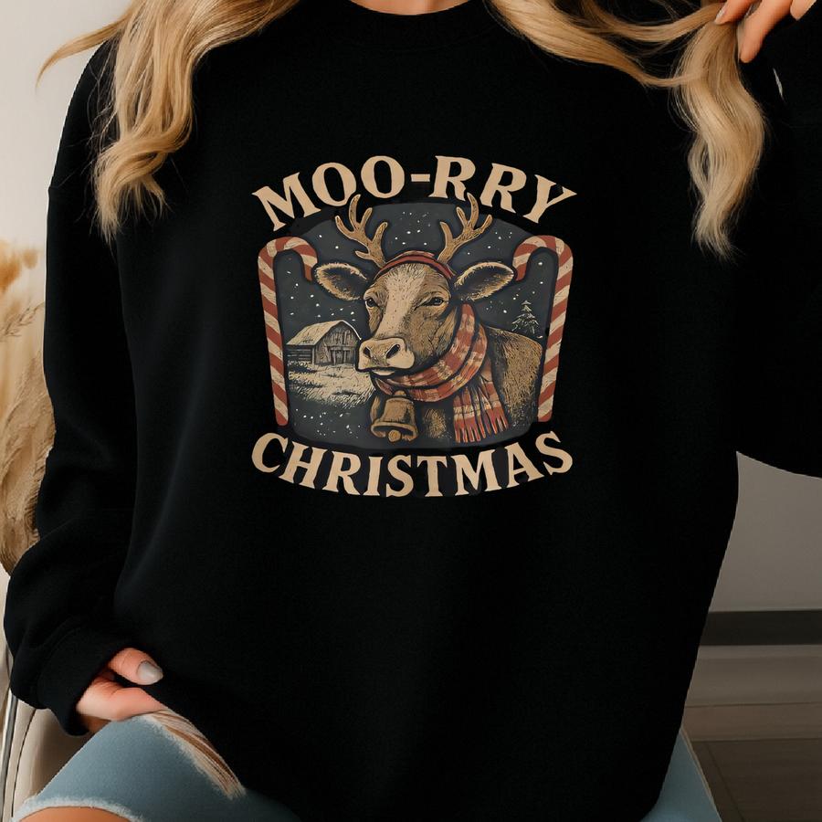 Cow Christmas Sweatshirt | Funny Moo-rry Christmas Holiday Crewneck Sweatshirt