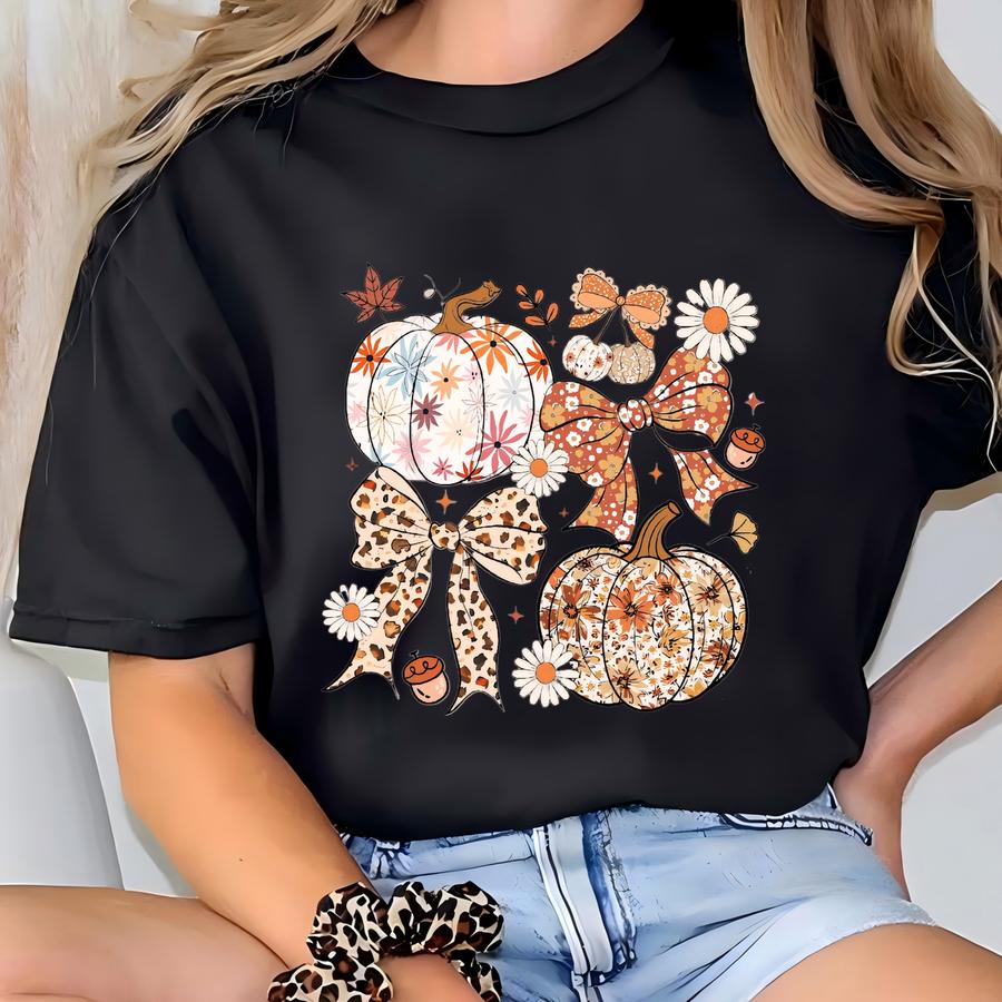 Boho Floral Pumpkin Fall Shirt, Coquette Pumpkin Bow Tshirt, Pumpkin Bow Shirt, Cozy Thanksgiving Fall Shirt. T-shirt