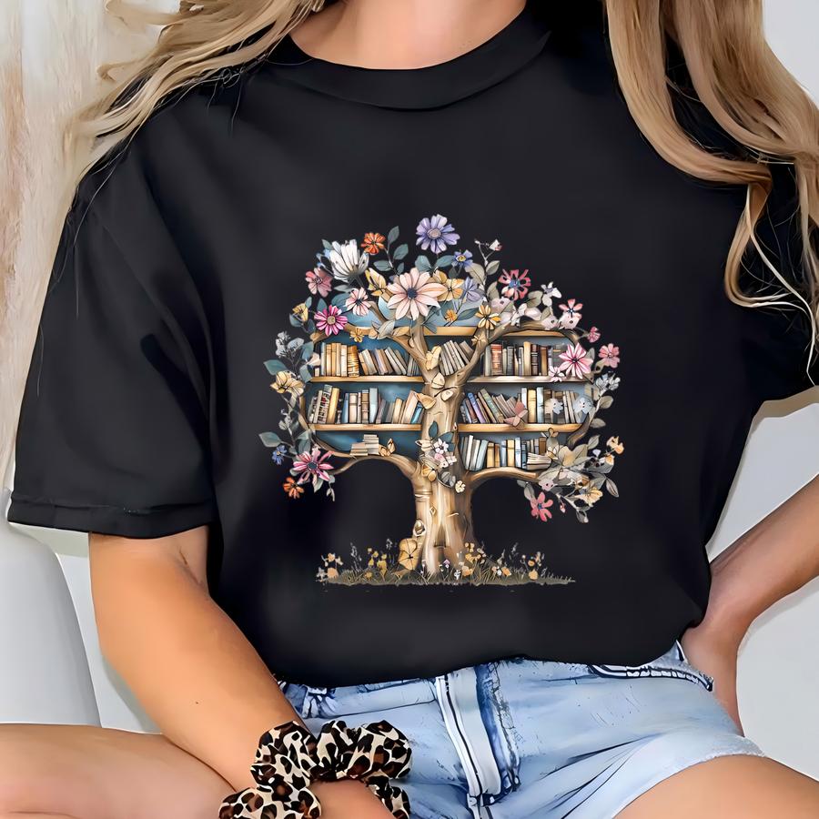 Teacher Sweatshirt Just One More Chapter, Book Lover Teacher Gift, Floral Book Tree Crewneck, Reading Teacher Outfit, Librarian Shirt T-shirt