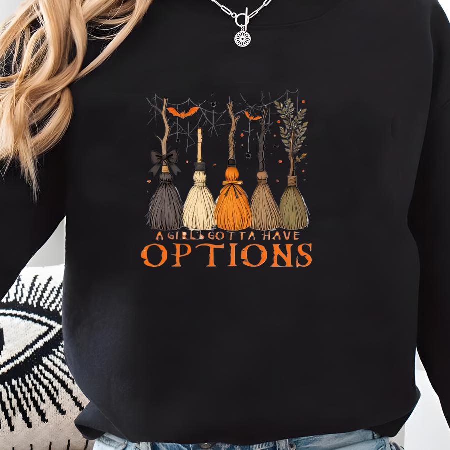 Spooky Season Graphic Toddler Sweatshirt, A Girl Gotta Have Options Toddler Sweatshirt, Witchy Halloween T-shirt, Cute Witch Kids Tee Sweatshirt