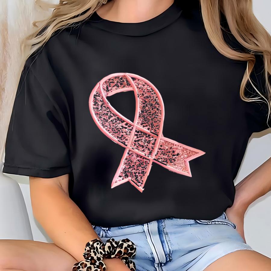 Sparkly Glitter Pink Ribbon Breast Cancer Awareness Month Crewneck Pullover Sweatshirt For Women T-shirt