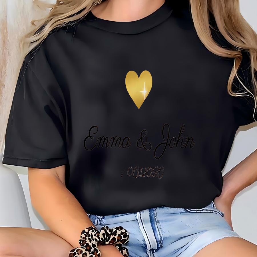 Custom Wedding Hoodie: Minimalist Golden Heart, Elegant Script, Date Design T-shirt