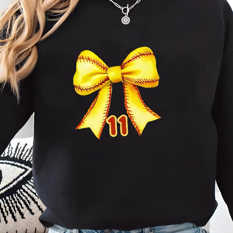 Custom Number Softball Coquette Bow Tee, Softball Mom Long Sve T-shirt, Softball Youth T-shirt, Christmas Gift Sweatshirt