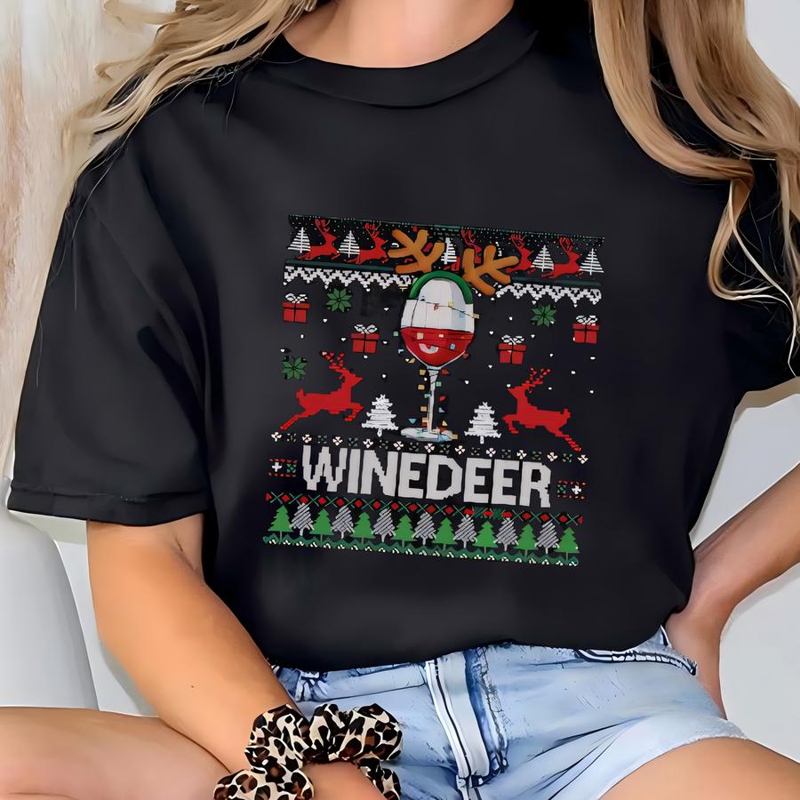 Christmas Wine Shirt, Funny Ugly Sweater Tee, Holiday Reindeer Wine Glass Hoodie, Winedeer Shirt, Festive Xmas Party Drinking Top T-shirt
