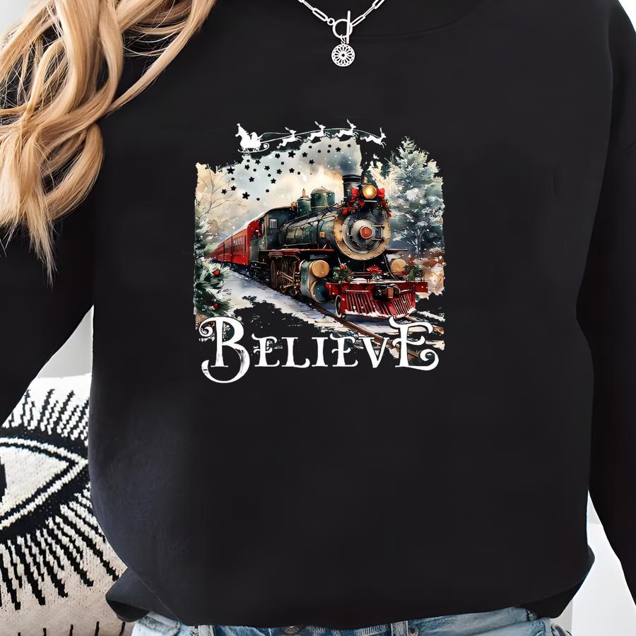 Polar Express Sweatshirt: Believe Christmas Train Crewneck Sweatshirt