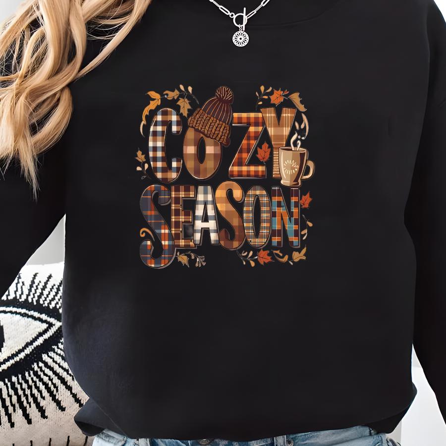 Cozy Season Sweatshirt Hoodie: Fall Autumn Plaid Pumpkin Spice Pullover, Cozy Graphic Sweater, Cute Coffee Cup Thanksgiving Outfit Sweatshirt