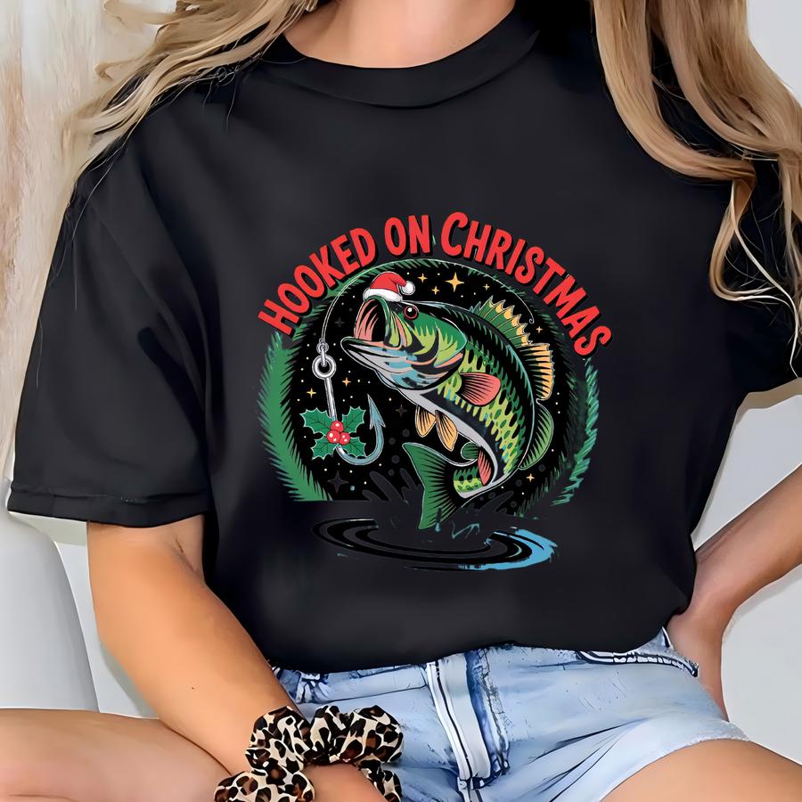 Hooked On Christmas Dad Shirt: Bass Fish Fisherman Christmas Tee T-shirt